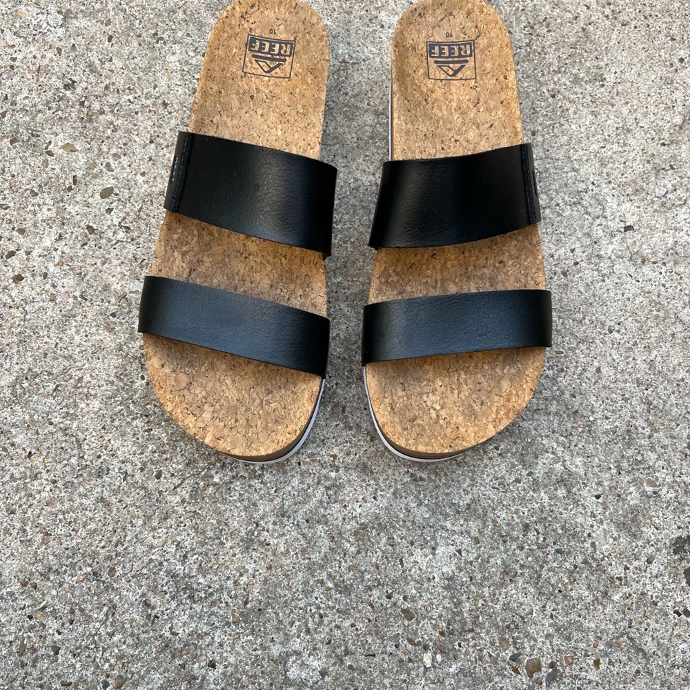 Reef Black Double-Strap Cork Slide Sandals